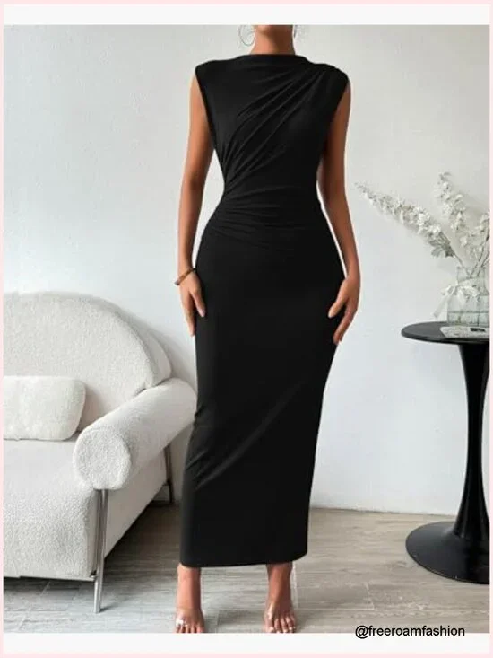 Ruched Bodycon Maxi Dress Sleeveless Slit Formal Cocktail Wedding Guest - Picture 2 of 7